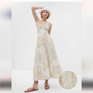 Gap Tan Smocked Botanical Print Linen Blend Maxi Dress Size XL NWT